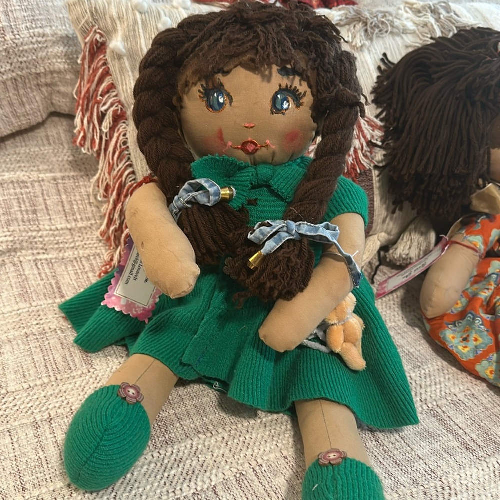 Handmade Doll with Green Dress and Brown Hair